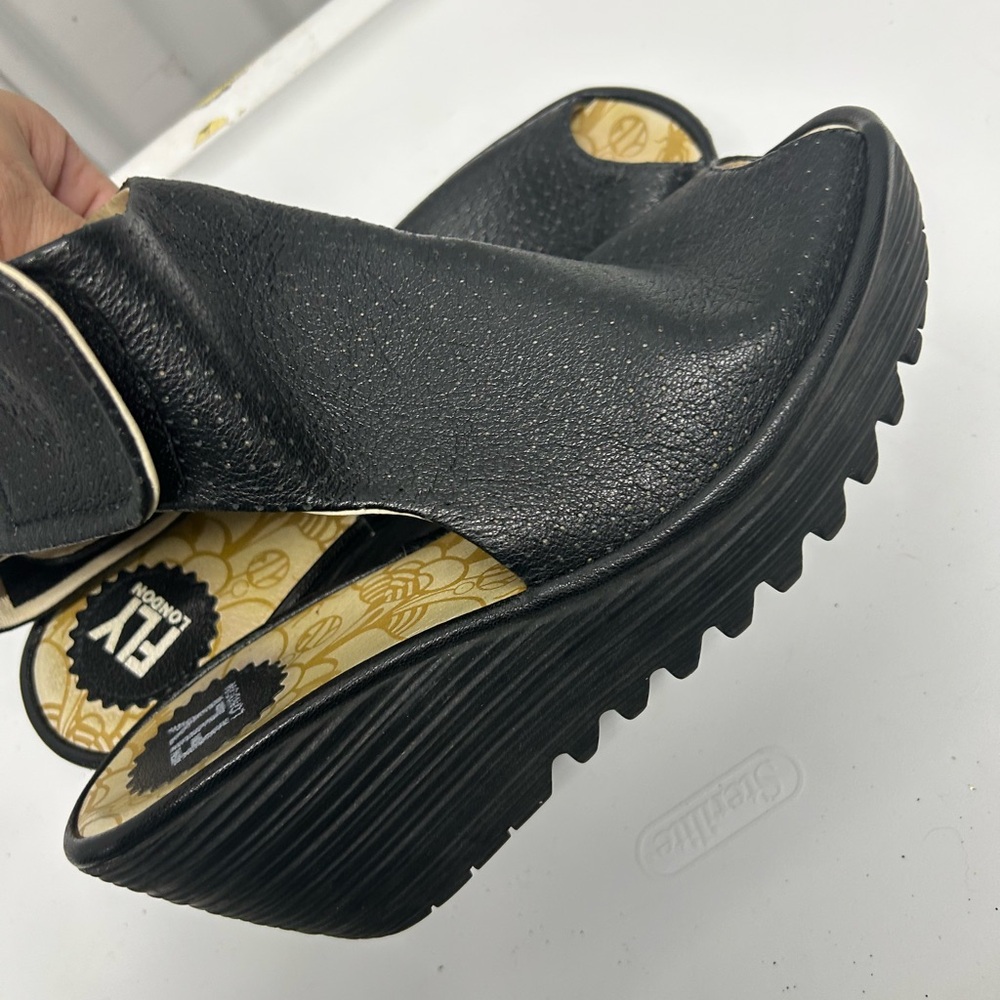 Fly London Black Textured Platform Wedge Sandals